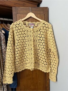 April Cornell Vintage Crocheted Yellow Cardigan-Size Medium